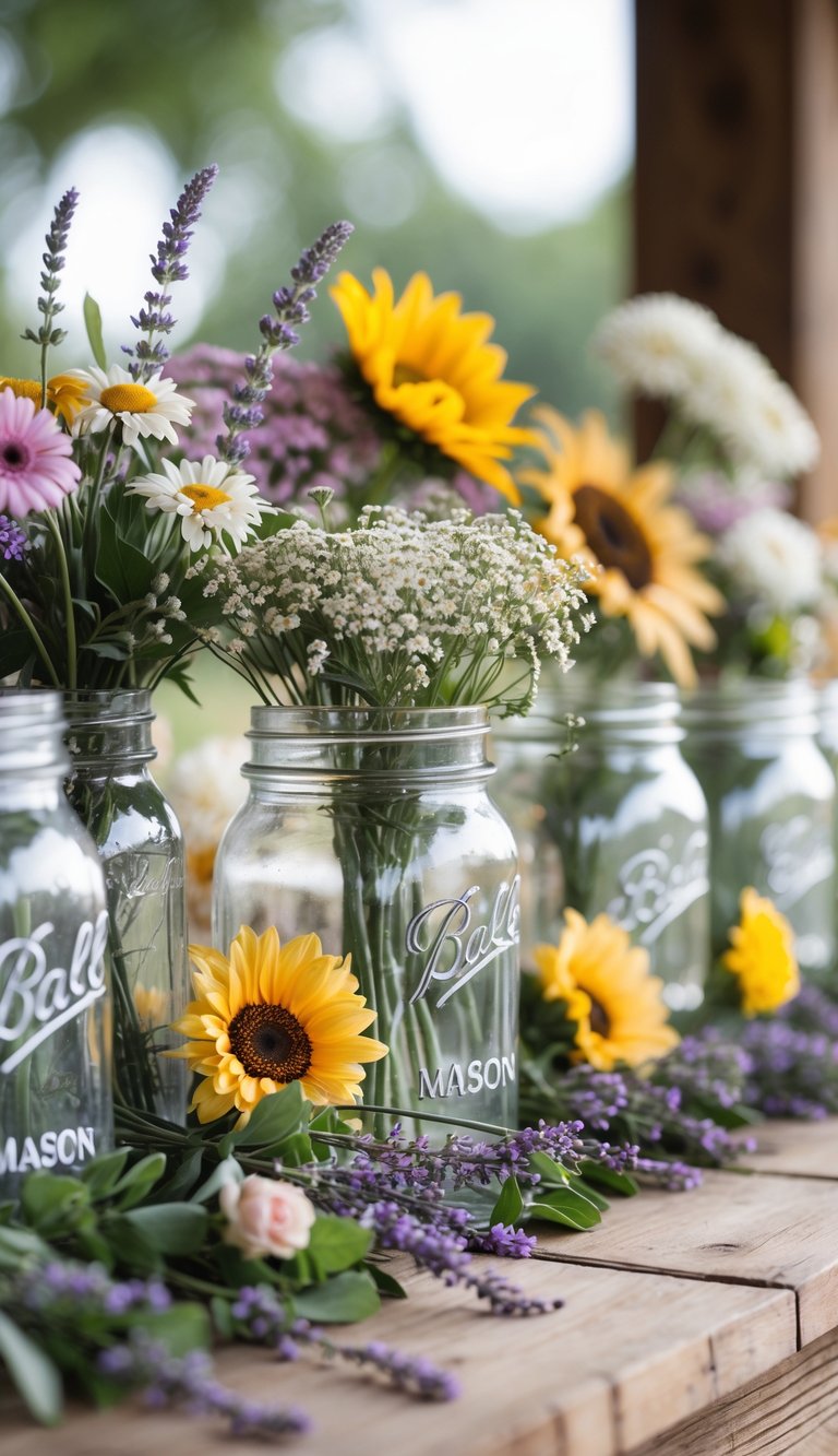 A table decorated with clear mason jars filled with colorful wildflowers arranged neatly for a wedding entry.